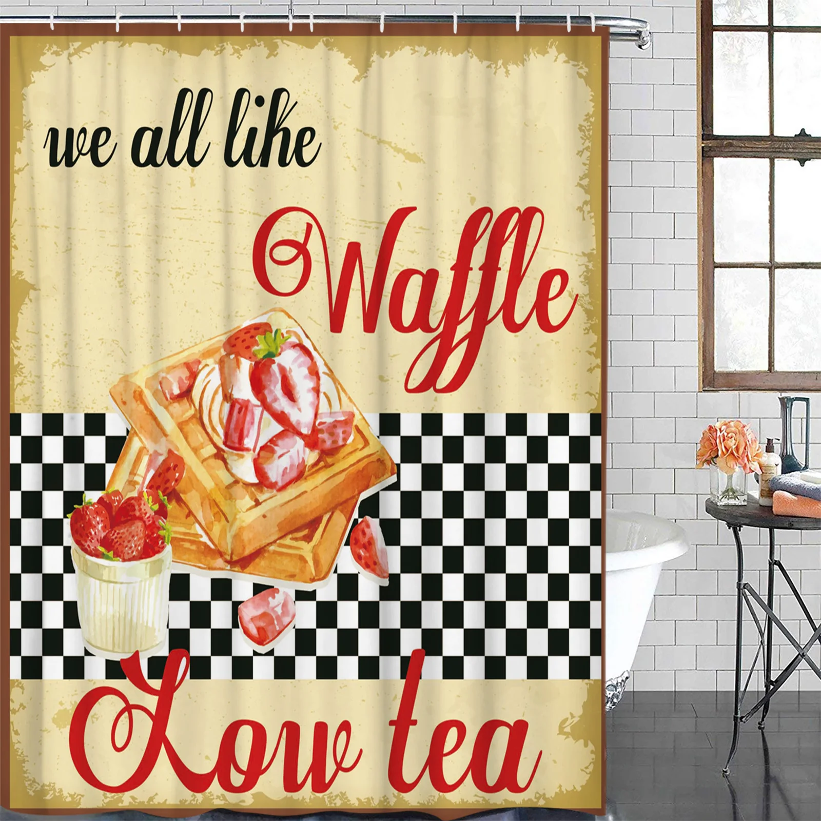Dessert Wafel Aardbei Waterdicht Badkamer Decoratie Douchegordijn Met Haak Gedrukt Bad Gordijnen Badkamer Accessoires