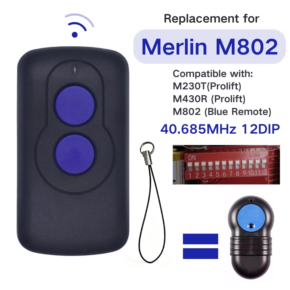 For Merlin M802 Garage Remote 12 Dip switches 40.685MHz Blue Button for Prolift 230T 430R Garage Door Remote