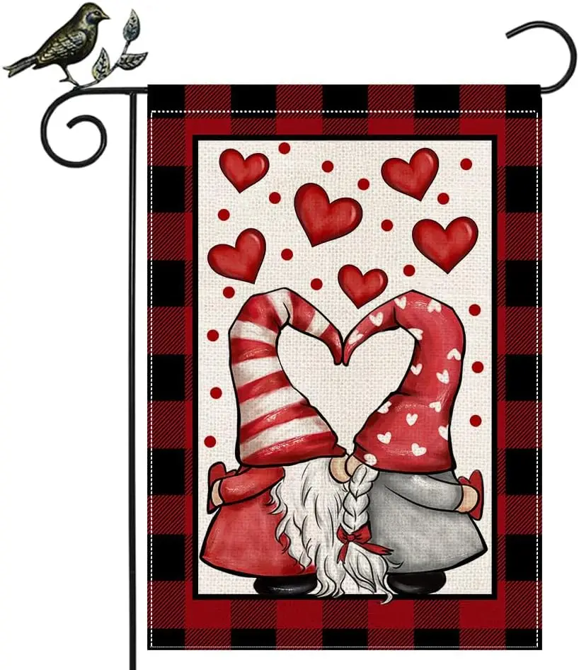 GEEORY Valentines Day Garden Flag 12.5 x 18 Inch, Hearts Gnomes Double Sided Decorative Flag For Outside Yard Lawn Outdoor Decor