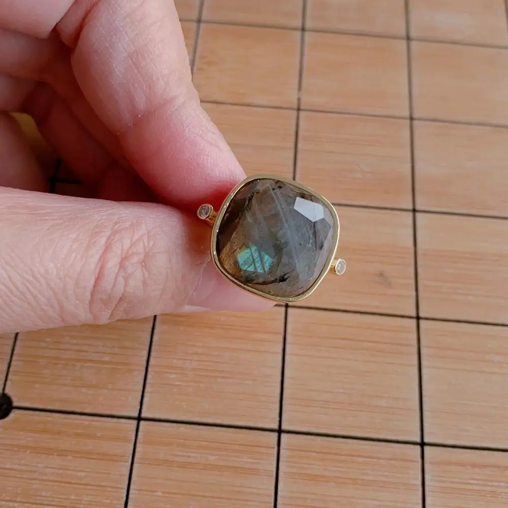 YYGEM 17mm Natural Stone Ring G Labradorite Square Gold Plated Adjustable Ring Women Jewelry Gifts 5