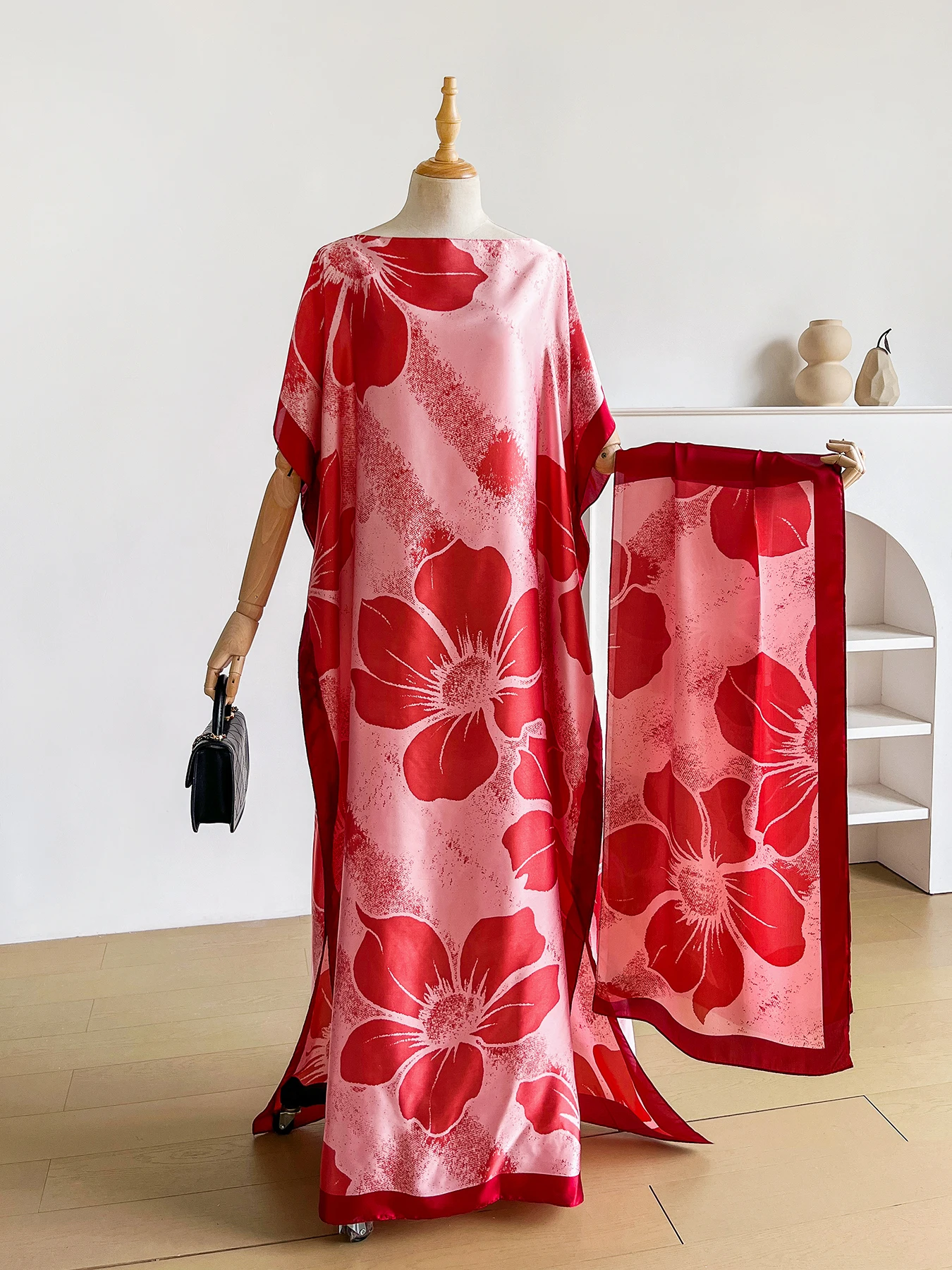 Abaya de verano con estampado floral bohemio y pañuelo, caftán maxi holgado con mangas de murciélago para mujeres musulmanas africanas, ropa para vacaciones en la playa.