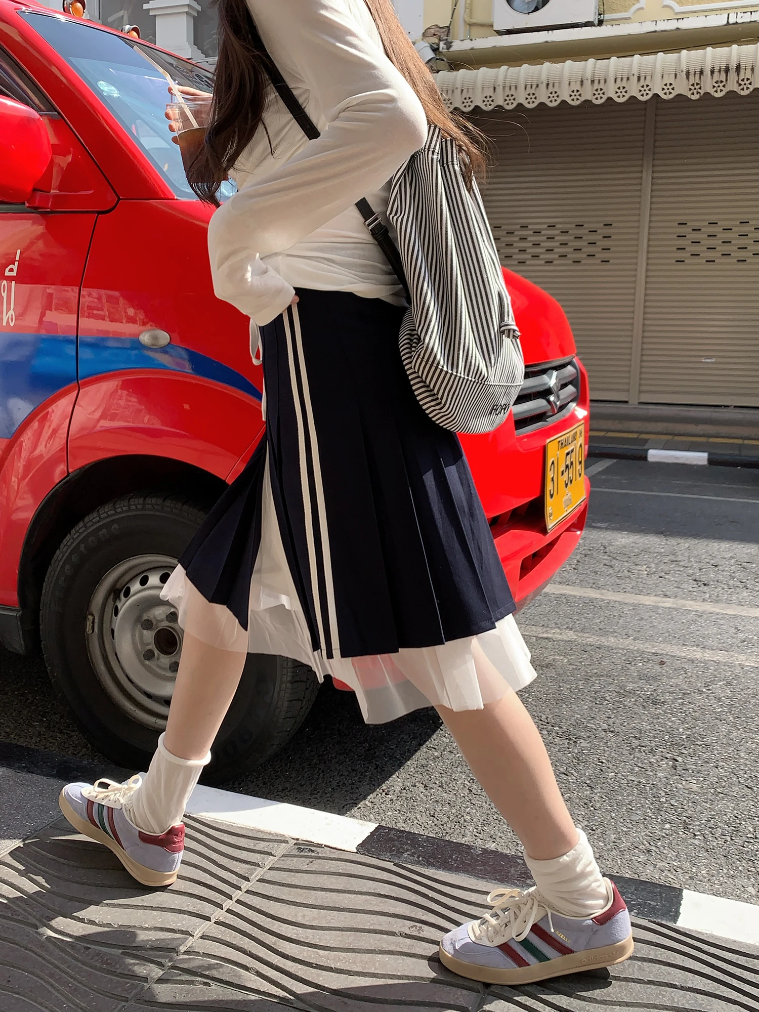 

Neurcz Spring Summer Color Blo Striped Midi Skirt Women's Pleated f-length Skirts Korean Sle A-Line Casual Skirts