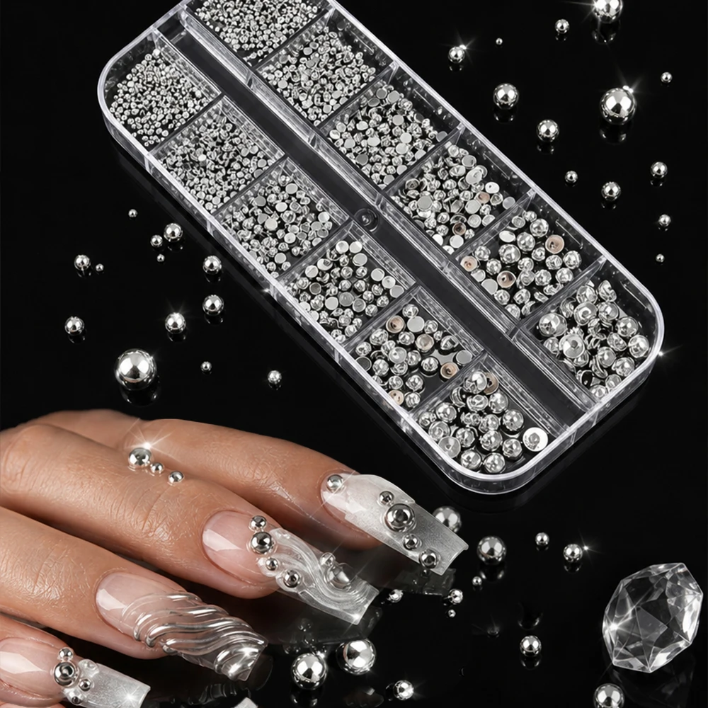 12 Grids Half Round Silver, Metal Pearl Nail Charms, 1.5mm-5mm Multi-Size Flat Back Decors For Punk Style Nail Arts Manicure DIY
