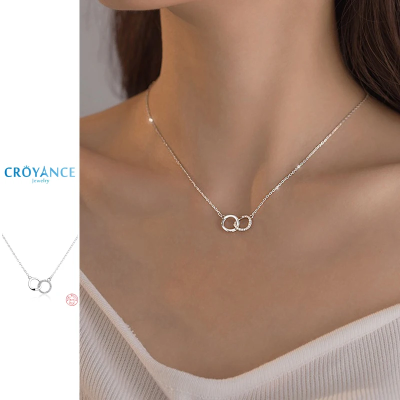 

Luxury Fine Double Round&Square Zircon Pendant Neckalce Women Jewelry Gift 925 Sterling Silver Geometric CZ Drop Clavicle Chain