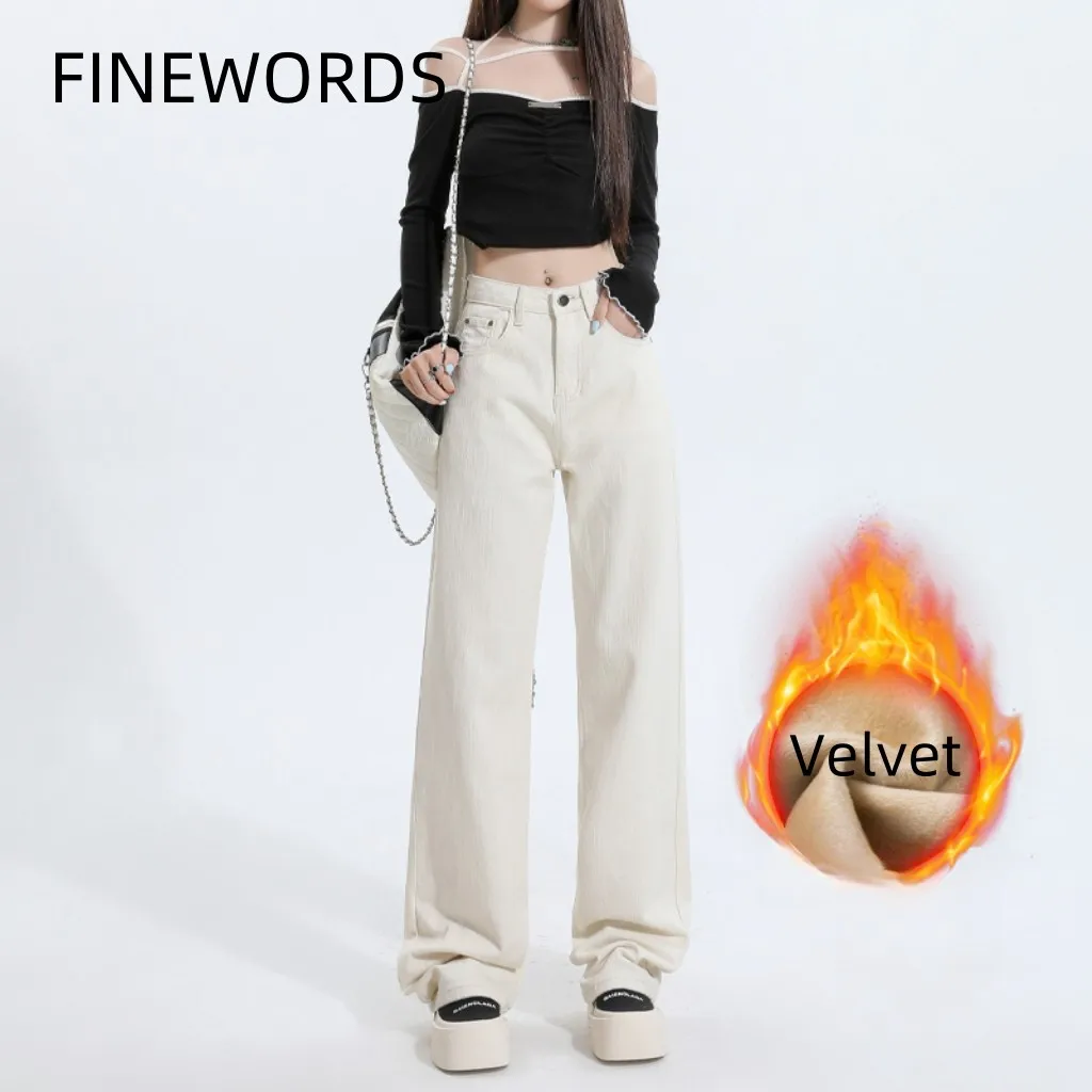 FINEWORDS Vintage Winter Cashmere Jeans Women Warm Wide Leg Baggy Velvet Jeans High Waist Korean Streetwear Casual Denim Pants