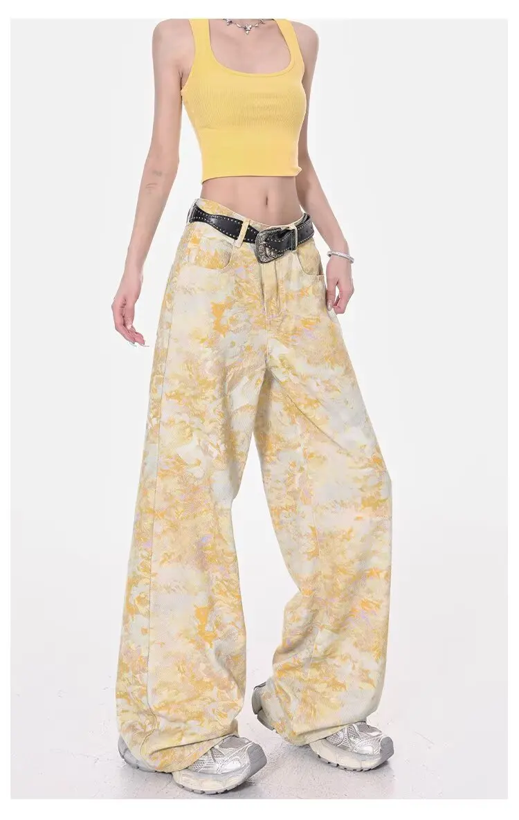 Y2K خمر الأزهار طباعة عالية الخصر شارع العليا مستقيم الجينز السراويل الكورية أزياء المرأة واسعة الساق فضفاض الدينيم بنطلون