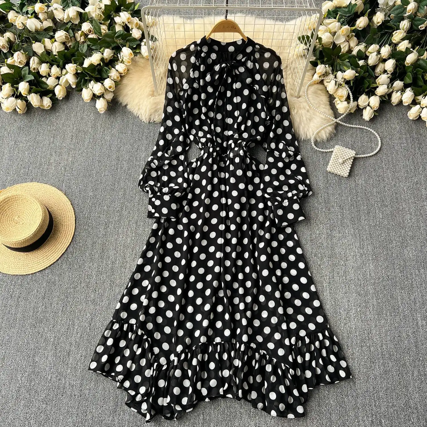 Retro Elegantes Plissee Puffärmel Dot Sweet Kleid Strandurlaub Casual Damen A-LINE Chiffon Mode Sommer Basics Kleider