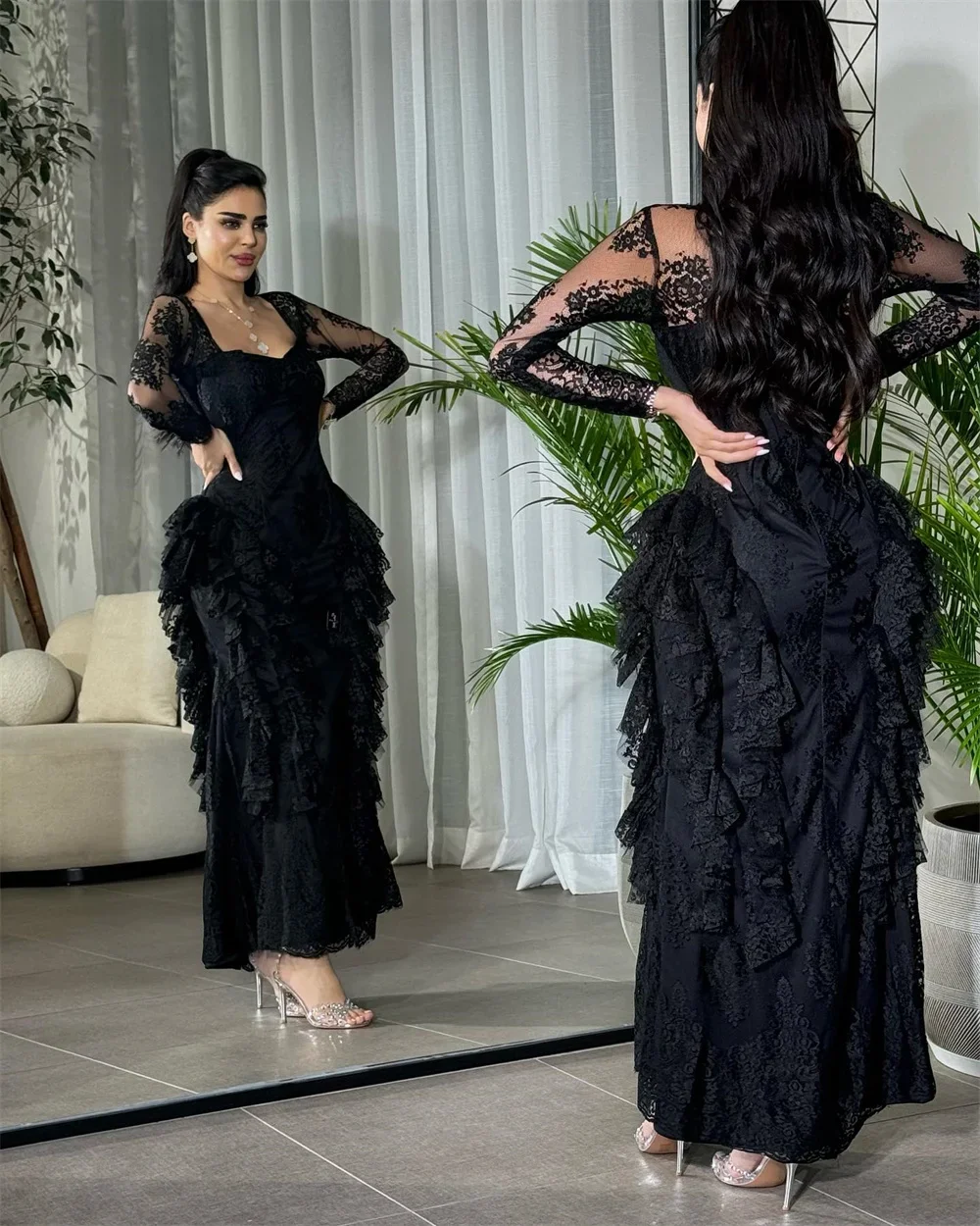 Customized Evening Gown Prom Dearin Square Collar A-line Ankle Length Skirts Layered Draped Tulle Lace Bespoke Occasion Dresses