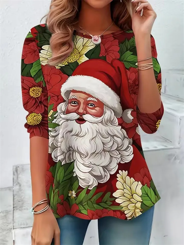 Christmas Theme Santa Claus 3D Prints Casual Women's Long Sleeved T shirt Tee Sports Pullover O-Neck Tops Autumn Winter Clothing