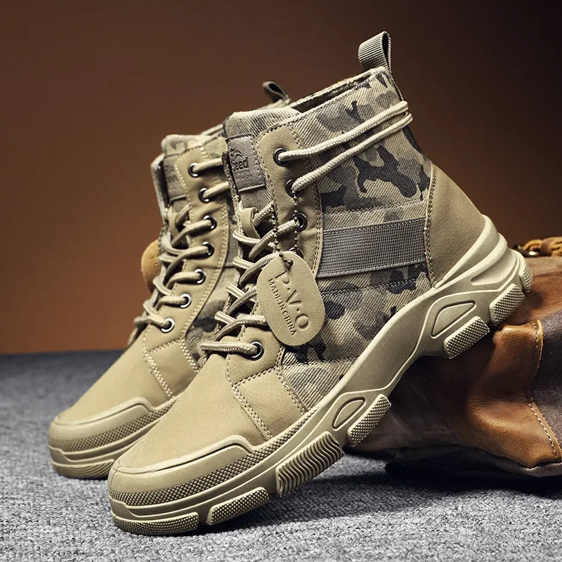 Buty kamuflażowe dla mężczyzn Moda Sznurowane buty męskie na zewnątrz 2023 Nowe buty za kostkę dla mężczyzn Wiosna Chunky Desert Ankle Boots