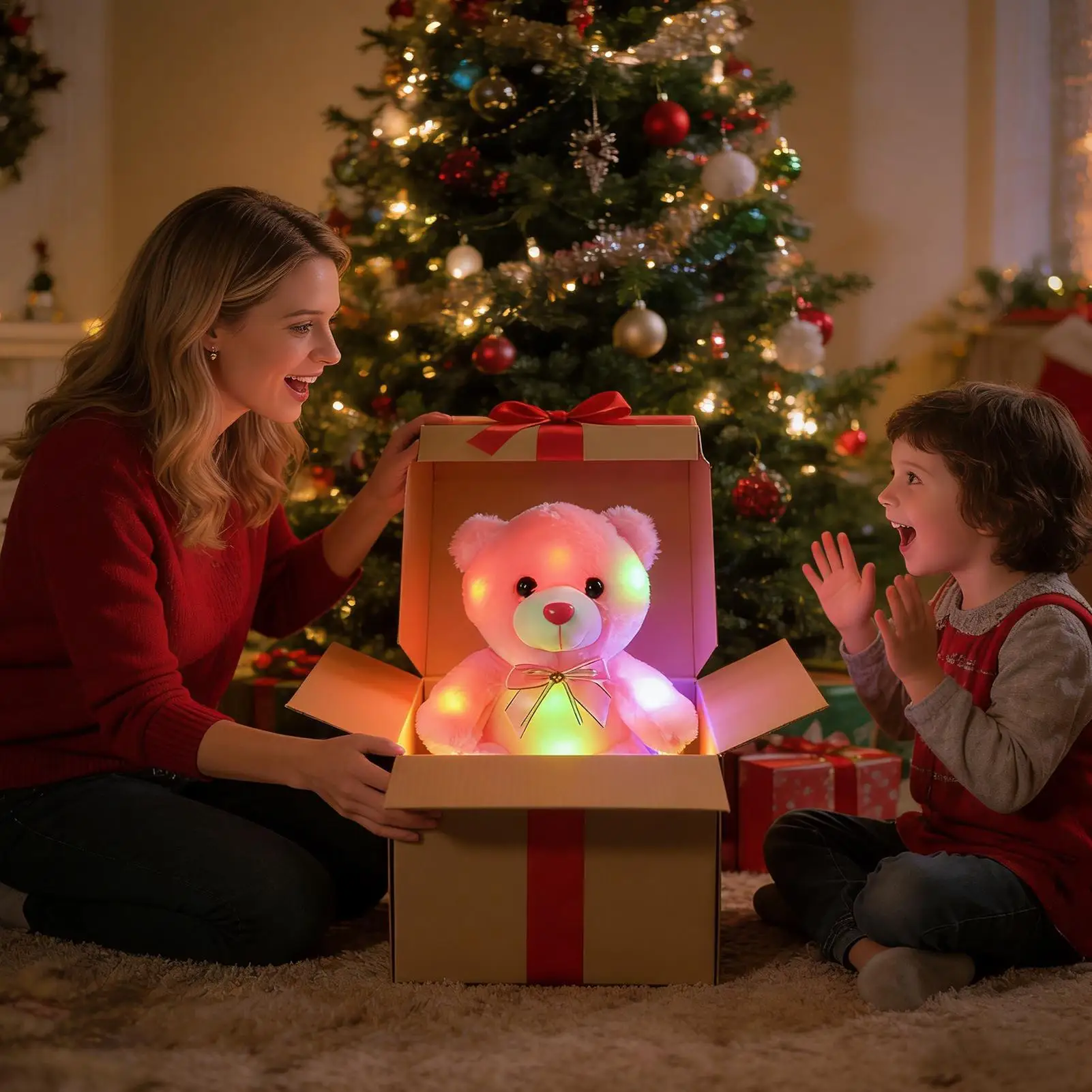 Bär-Plüsch-LED-Leuchten, rosa, umarmbare Puppe, niedliches Stoffbär-Spielzeug für Kinder, für Jungen und Mädchen, Familienbegleiter, Reisen, Camping