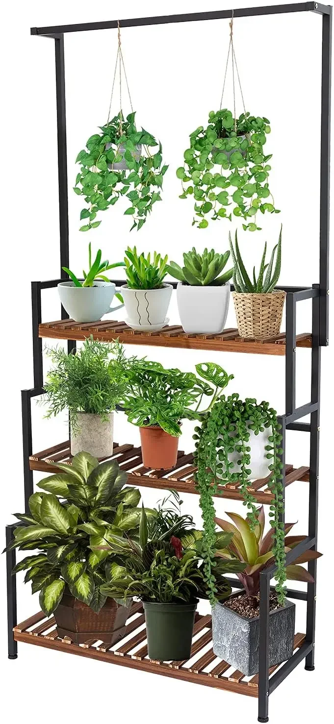 Stand Outdoor Indoor Hanging Plant Shelf for Multiple Plants 3 Tier Tall Plant Stand Wood Rack with Metal Frame for