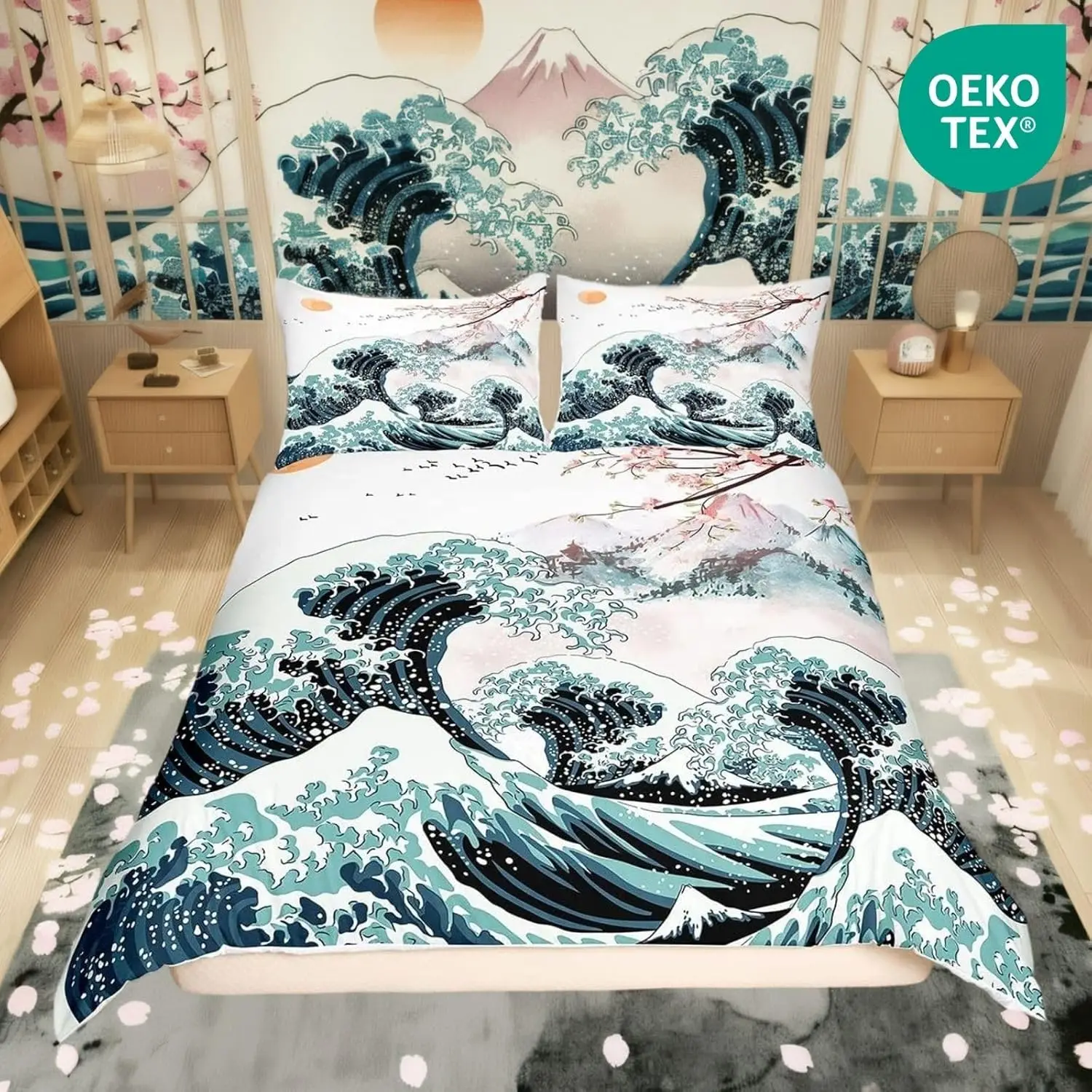 Japan Mount Fuji Duvet Cover Set Double Size Cherry Blossom Bedding Set With 2 Pillowcases Japanese Sea Waves