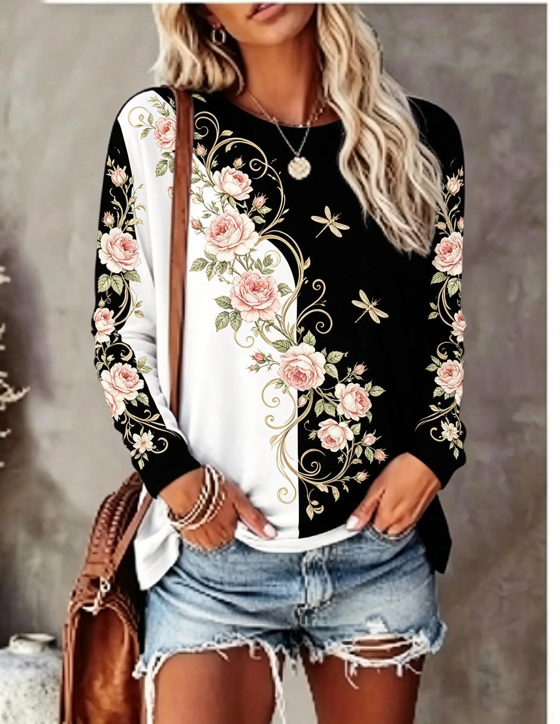 Women Long Sleeve T‑Shirt Black White Splicing Rose Dragonfly Vintage Boho Print Crew Neck Casual Fall Tops