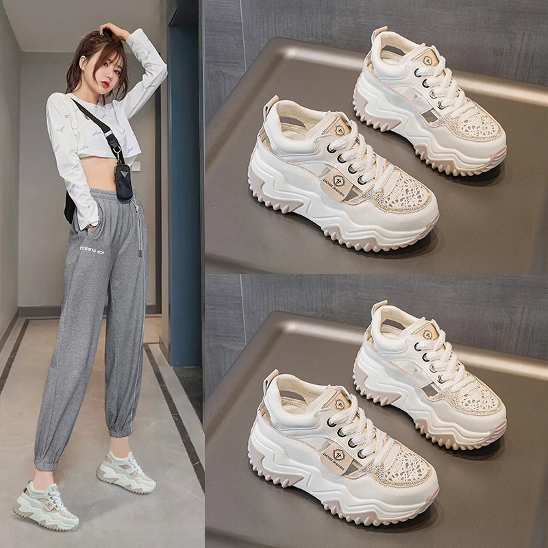 

Summer New Hollow Rhinestone Decor Platform Sneakers Mesh Hollow Out Casual Thick Sole Sport Sandals Shoes For Ladies Fashion