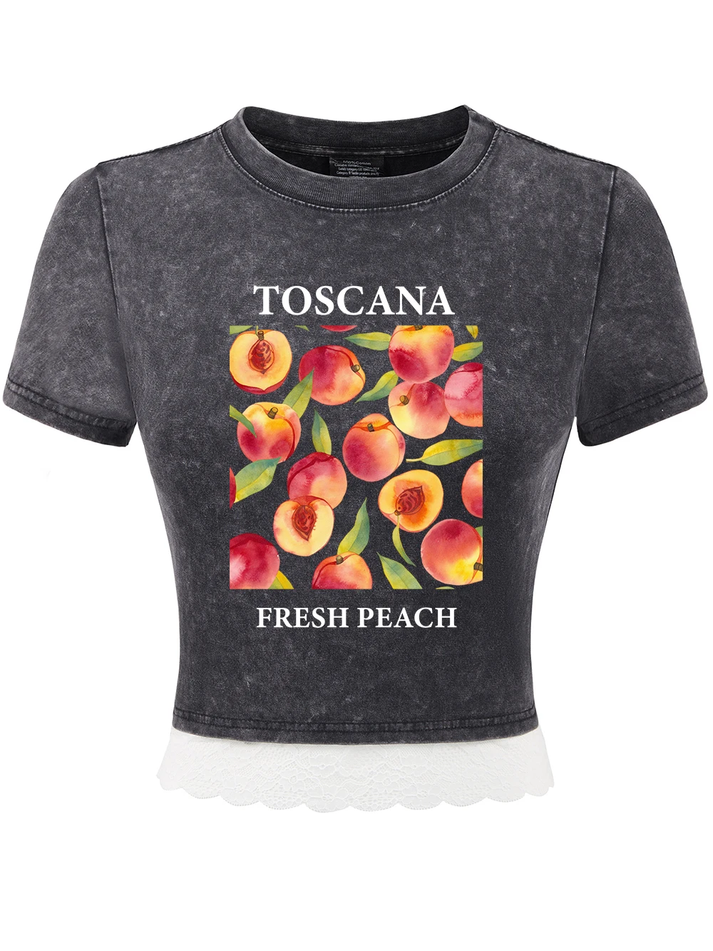 Toscana الطازجة الخوخ طباعة القطن غسلها تي شيرت المرأة الصيف أزياء من الدانتل هيم المحاصيل القمم س الرقبة منتظم صالح تيز ملابس كاجوال