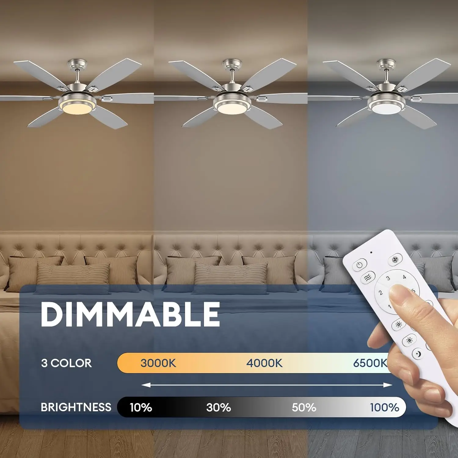 พัดลมเพดาน 60 นิ้วพร้อมไฟและการควบคุมแอพ, พัดลมเพดานนิกเกิลขนาดใหญ่พร้อมมอเตอร์ DC, พัดลมเพดาน LED โมเดิร์นสําหรับห้องนั่งเล่น