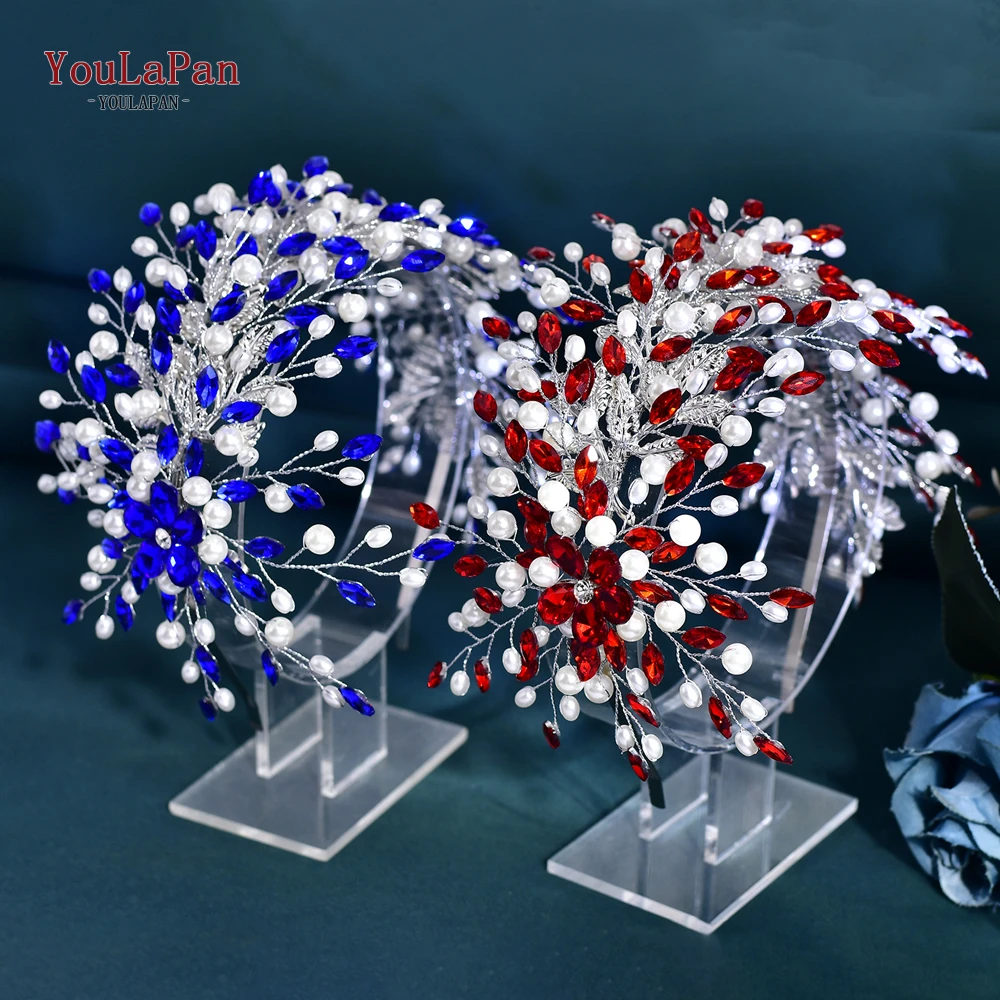 

YouLaPan Wedding Headpieces Bride Hair Jewelry Blue Red Rhinestone Head Hoop Bridesmaid Headband Women Tiara Accessories HP801