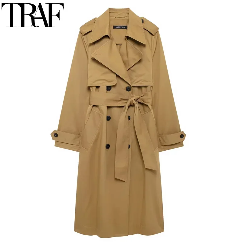 

TRAF Long Trench Coat Women Autumn Double Breasted Windbreaker Woman Outerwears Belt Elegant Demi-Season Women's Trench Coat