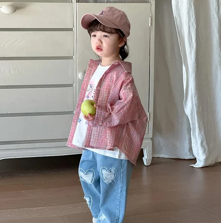 Girls Spring Autumn Pink Shirt 2025 Children Clothing New Shirt Baby Girls Korean Sunscreen Cardigan Long Sleeved Top Jacket