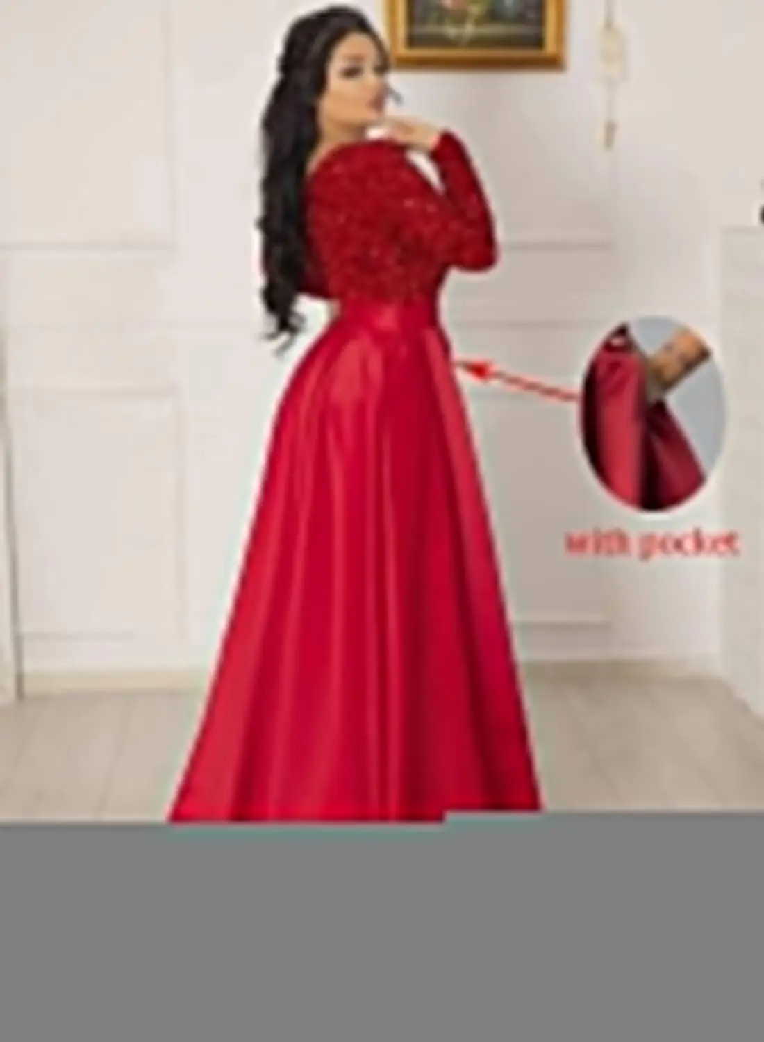 Robe de bal de bal à paillettes scintillantes pour femmes, avec poches, manches longues, robe de soirée formelle en Satin avec fente, élégante pour fête de mariage