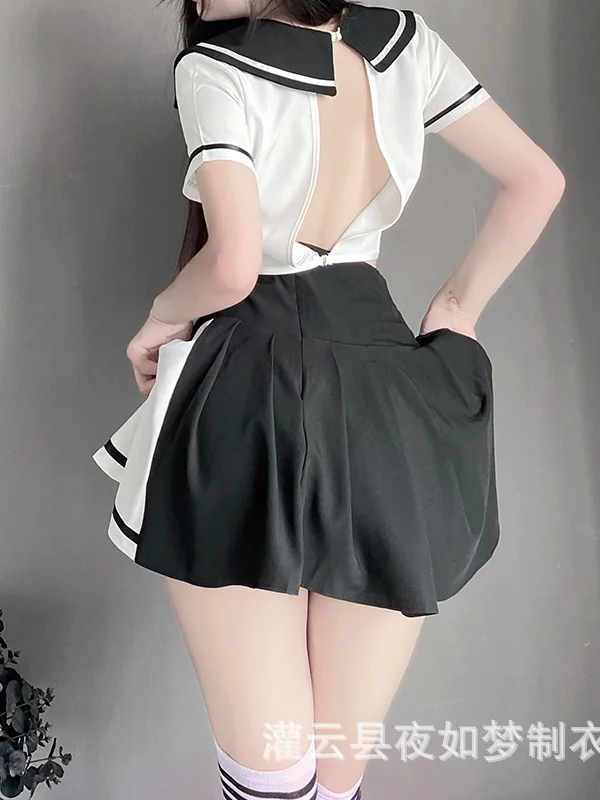 

New JK Sexy Cos Uniform Charm Maid Skirt Set Elegant Mature Bow Irregular Deep V Back Hollowed Out Sweet Cute Style QD7O