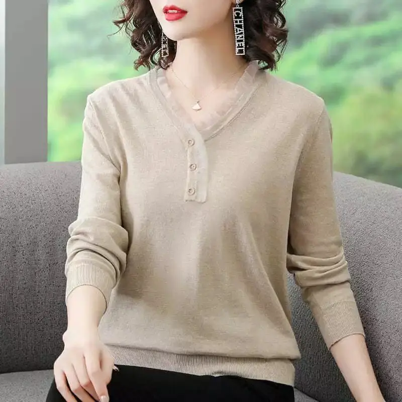 Women\'s Solid Color Fashion Lace Spliced T-shirt 2023 Spring Autumn Casual Elegant Long Sleeve V-Neck Female Knitted Thin Tops