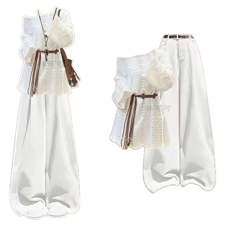 

Spring and Autumn New Vintage Style Unique Hollow Top Paired with Fashionable Casual Pants Two Piece Set