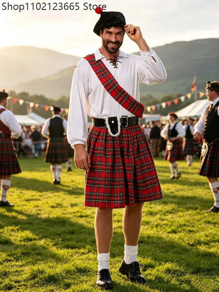 

Men's Vintage Tartan Gothic Scottish Kilt Cosplay Costume Music Festival Circus Stage Performance Carnival Halloween Party Set