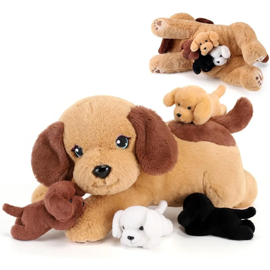 5 Pieces Dog Stuffed Animals with Babies Inside Belly - 1 Mommy Stuffed Dog with 4 Puppy Plush - Soft Pink and White Plush Toy