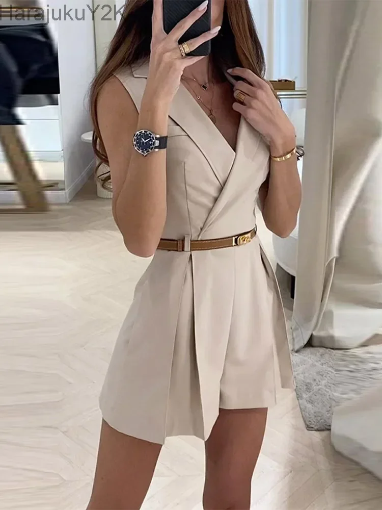 

Elegant Women's Jumpsuit With Belt Fashion Sleeveless Turndown Collar Slim Short Jumpsuits Female 2024 Sping Summer Lady Romper