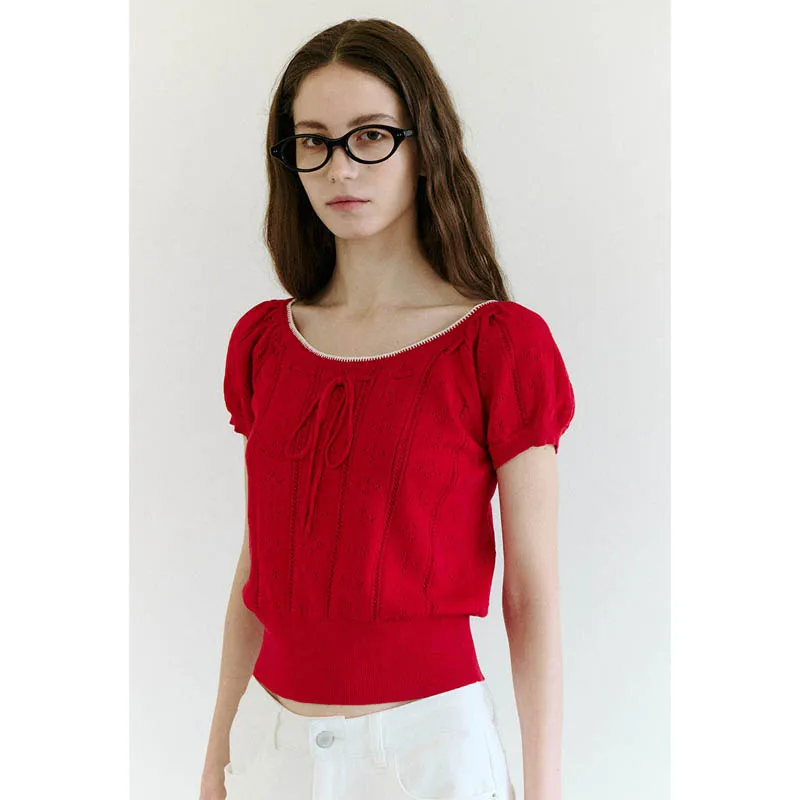 

Вязаный топ Sweet Girl Feeling для женщин, модный, весенне-летний, с большим круглым вырезом, ажурный, с цветочным узором, с поясом, с рукавами-фонариками, 2 цвета