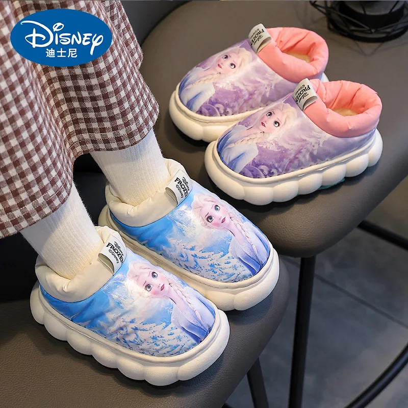 Disney Children\'s Cartoon Heel Cotton Slippers Winter Girls\' Indoor Anti slip Frozen Princess Elsa Baby Waterproof Cotton Shoes