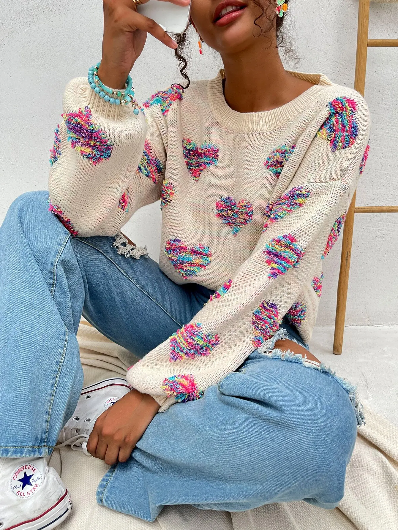 

Cream Drop Shoulder Knit Sweater with Multicolor Heart Appliqué Pattern