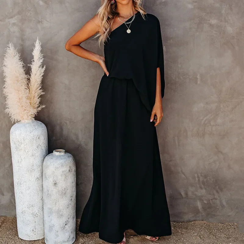 

Summer One Shoulder Batwing Sleeve Party Dress Solid Casual Elegant Unique Design Maxi Dresses Side Split Boho Beach Long Dress