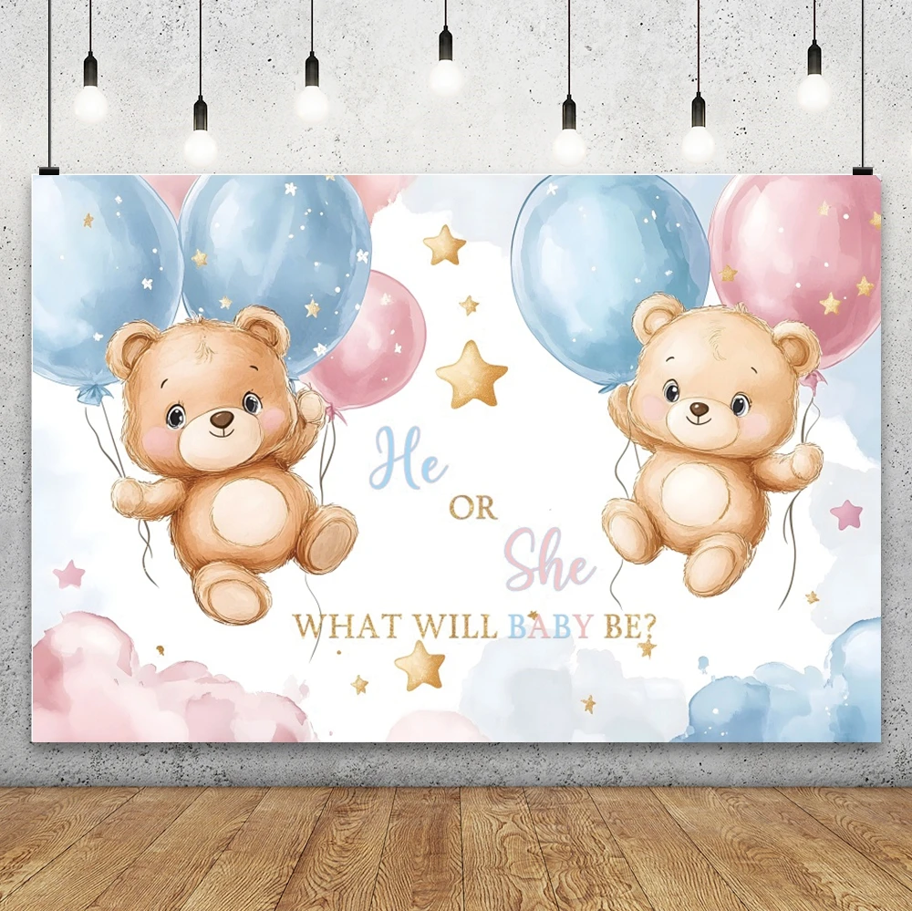 Gender Reveal Party Backdrop Blue Pink Bear Elephant Cartoon Balloons Girl or Boy Cake Table Decor Baby Shower Photo Background