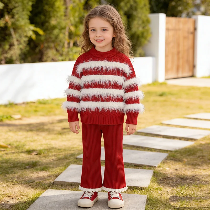 2026 New Spring 2-6Yrs Baby Girls Clothing Set Children Knitted Clothes Suit Long Sleeved Knitted Pullover Sweater+Pants