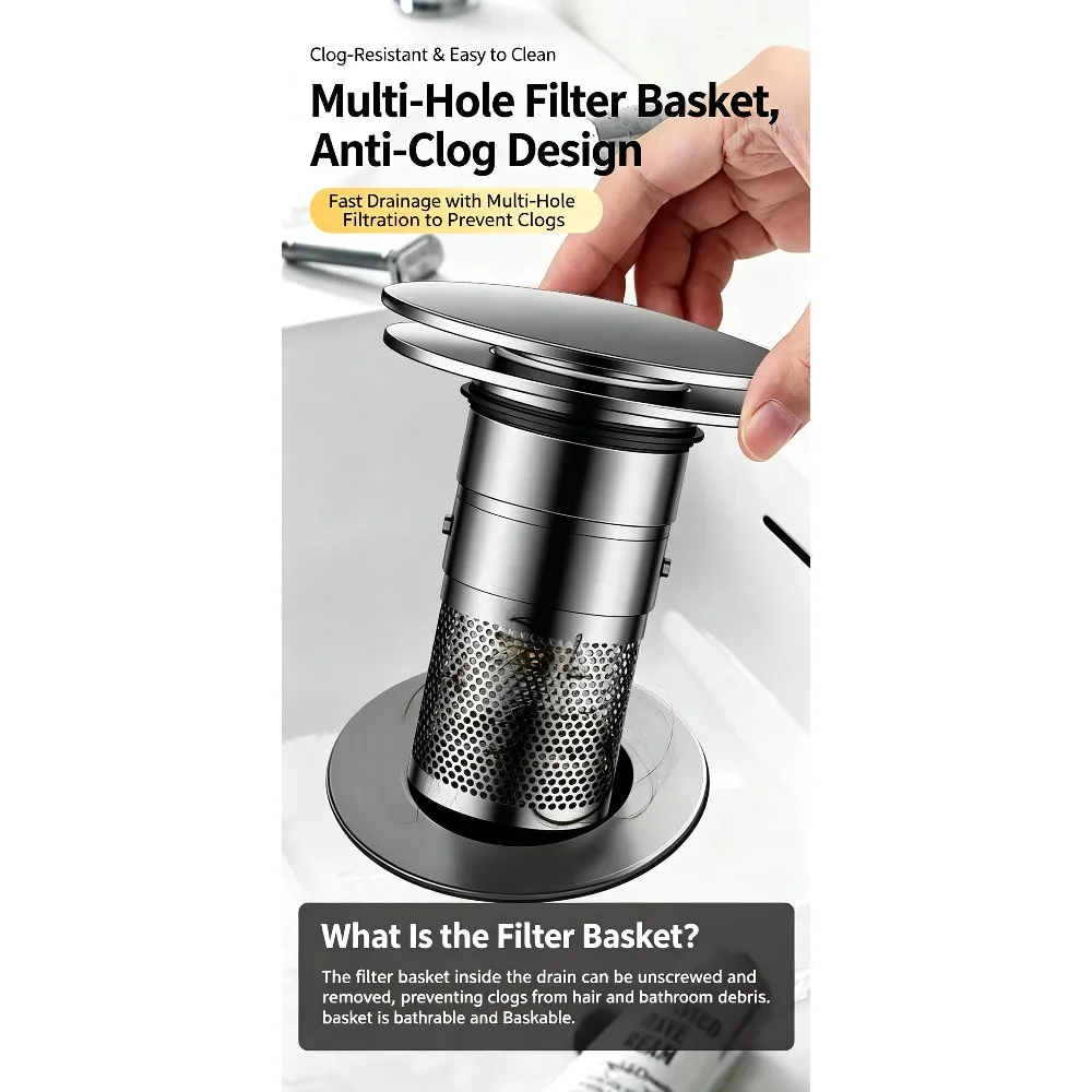 Upgraded Pop-Up Sink Drain Stopper, Thick Brass Core, Detachable Filter, Anti-Odour Anti-Clog, One-Touch Seal for All Basins
