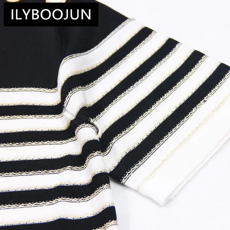 SML High-quality Fashionable Elastic Knitted Fabric With Striped Button Decoration Short Sleeved Loose Fitting Women's Pullover