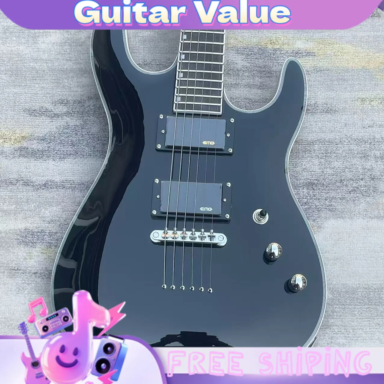 Black Ultra-Thin ESP-Style Electric Guitar  HH Pickups 24 Tone Sealed Active Pickups with Fixed Bridge view 3