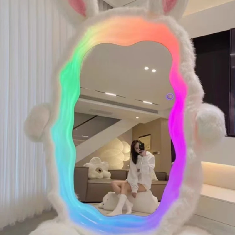 Colorful floor lamp with inlaid cartoon mirror, luminous dog panel, bedroom dressing floor mirror, strawberry colored lighting