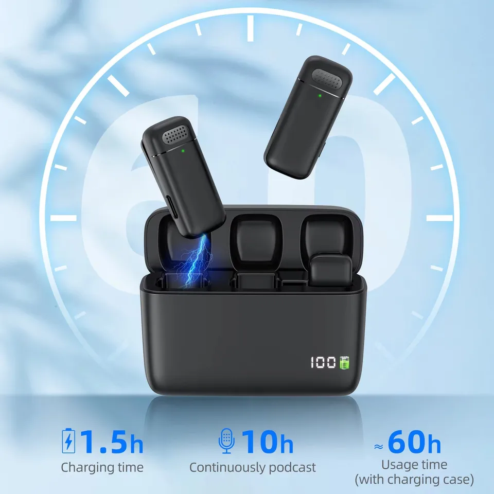 Micrófono de solapa profesional inalámbrico doble con clip de botón para iPhone Android, celular, PC y audio