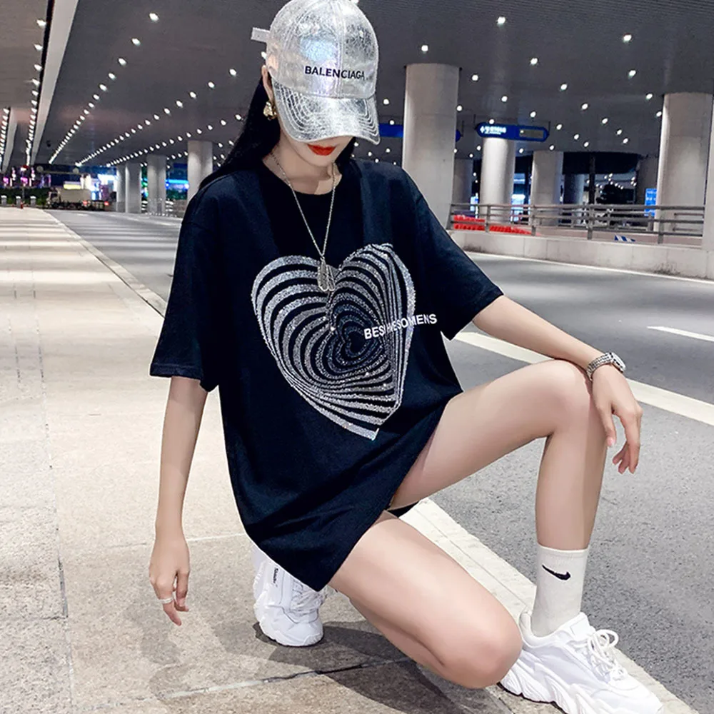 2022 Summer Fashion Streetwear Rhinestone heart pattern T-Shirt Women Casual Loose Tees Lady Tops S-4XL 40-150KG