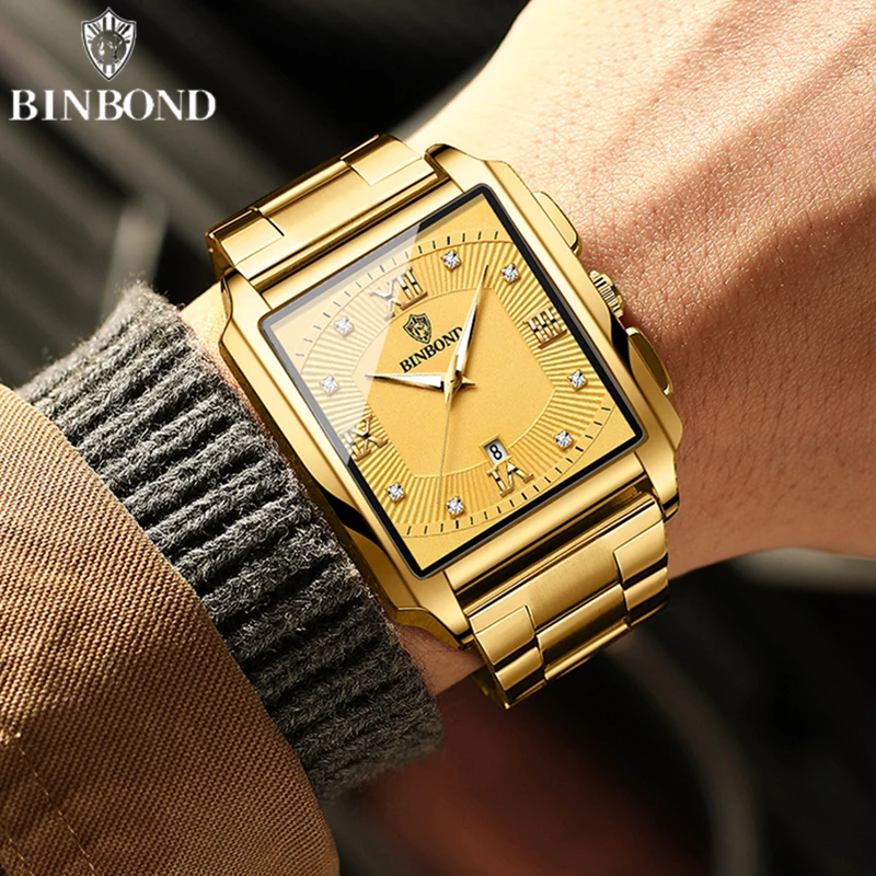 BINBOND B4143 Top Luxury Golden Men Watches Square Quartz Stainless Steel Waterproof Sports Automatic Date Business Men Watches