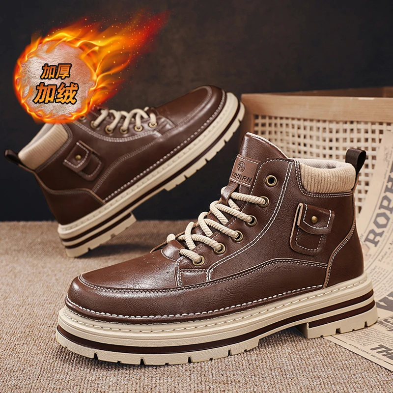 

High-efficiency Men's Boots with A Retro Leather Surface Patchwork Canvas and Color Blocking Style for Autumn and Winter