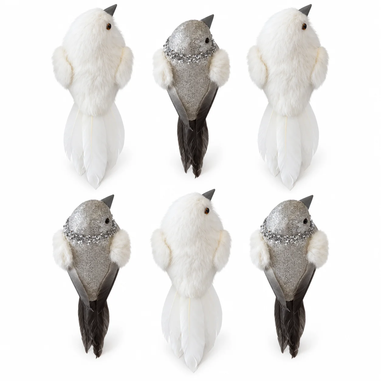 6 Pcs Christmas Bird Ornaments, 3 White and 3 Gray Feather Birds for Christmas Tree, Wreath, Mantel and Holiday Home Decor