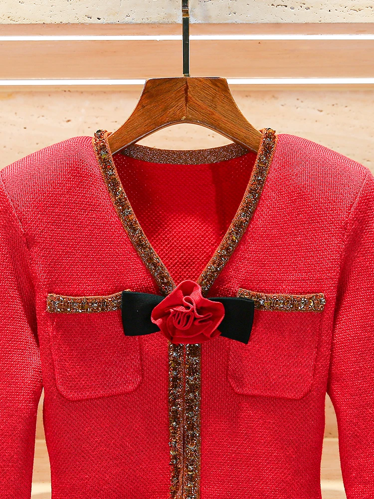 High-End Knitted V-Ne Red Dr with  Knot New Year Ele Lady Sle Polyester Fiber Midweight Long Sve ort...