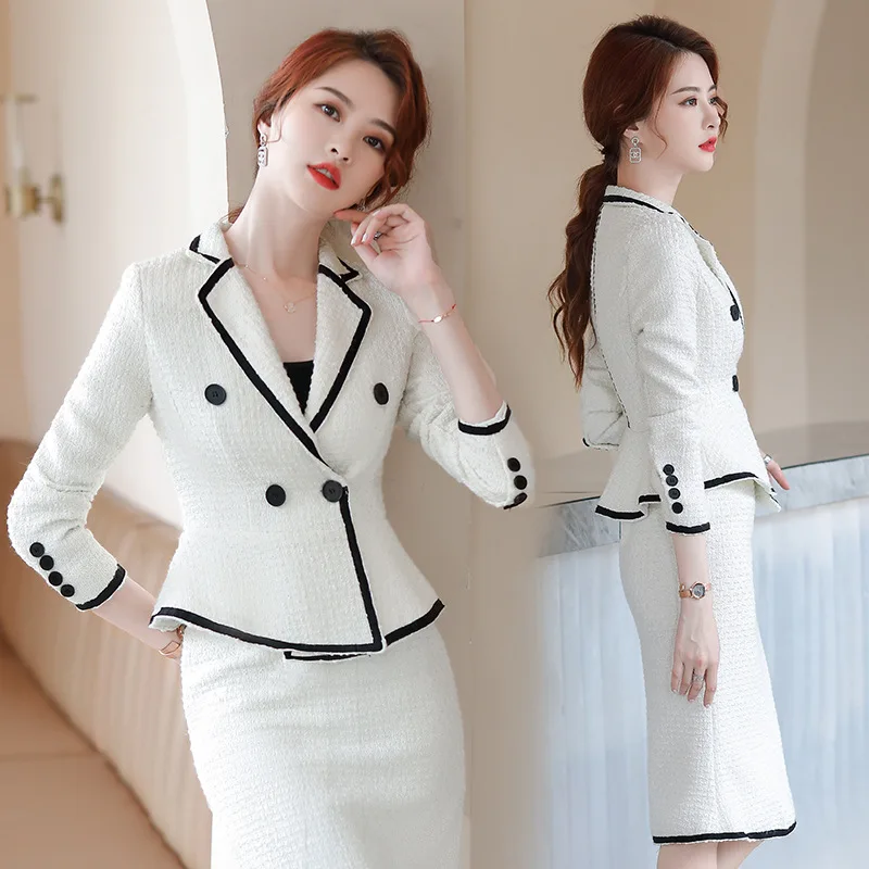 Black White Patchwork Office Lady French Two Piece Suit Women Long Sleeve Double Breasted Short Blazer + High Waist Midi Skirts