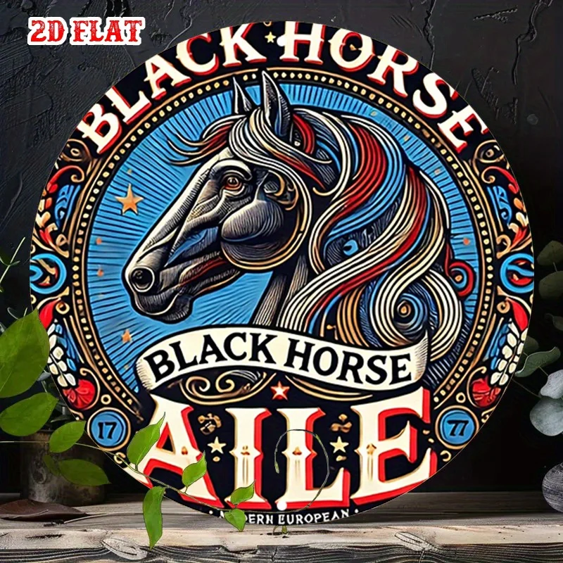 2D planares, retro-westernstilvolles Bierlogo – dekorative Holzmalerei im Landhausstil, mit schwarzem Pferdekopf und Bier