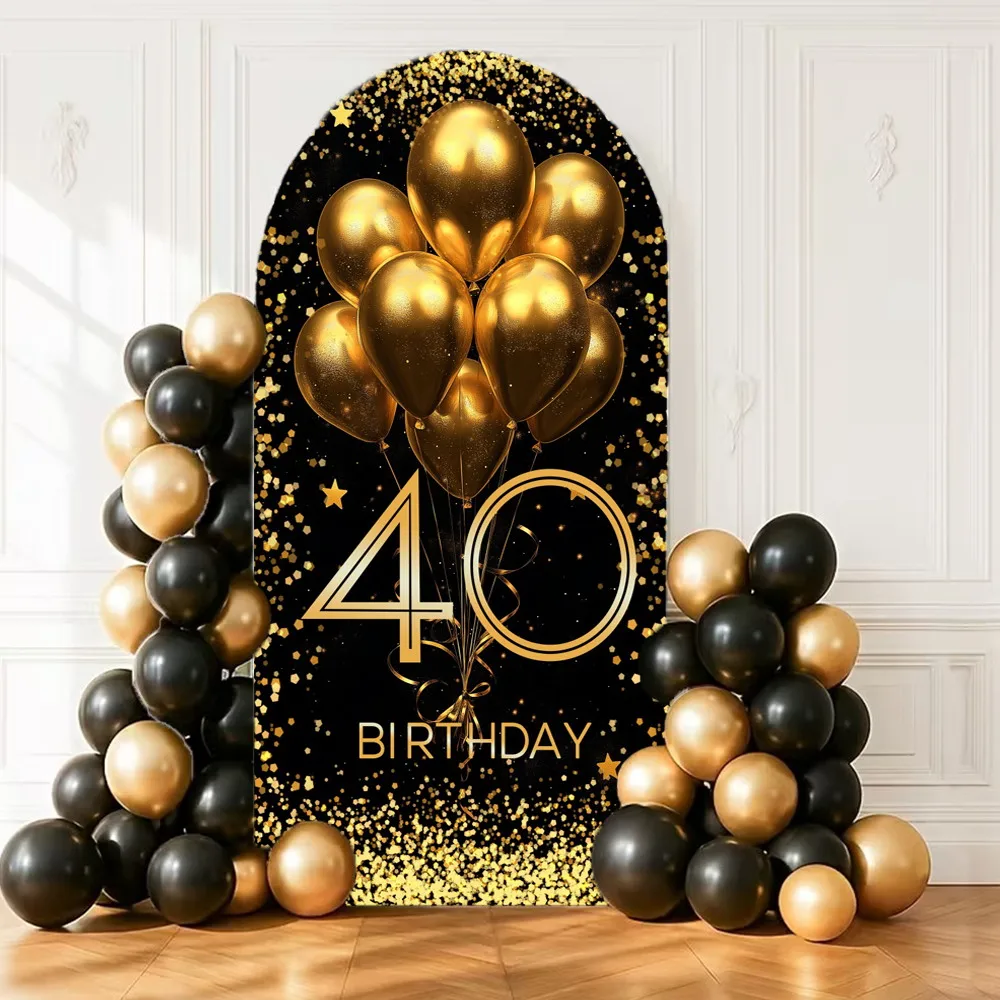 Happy Birthday Party Decor Arch Cover Backdrop Black Gold Glitters Adult Birthday Custom Elastic Arched Background Photo Studio